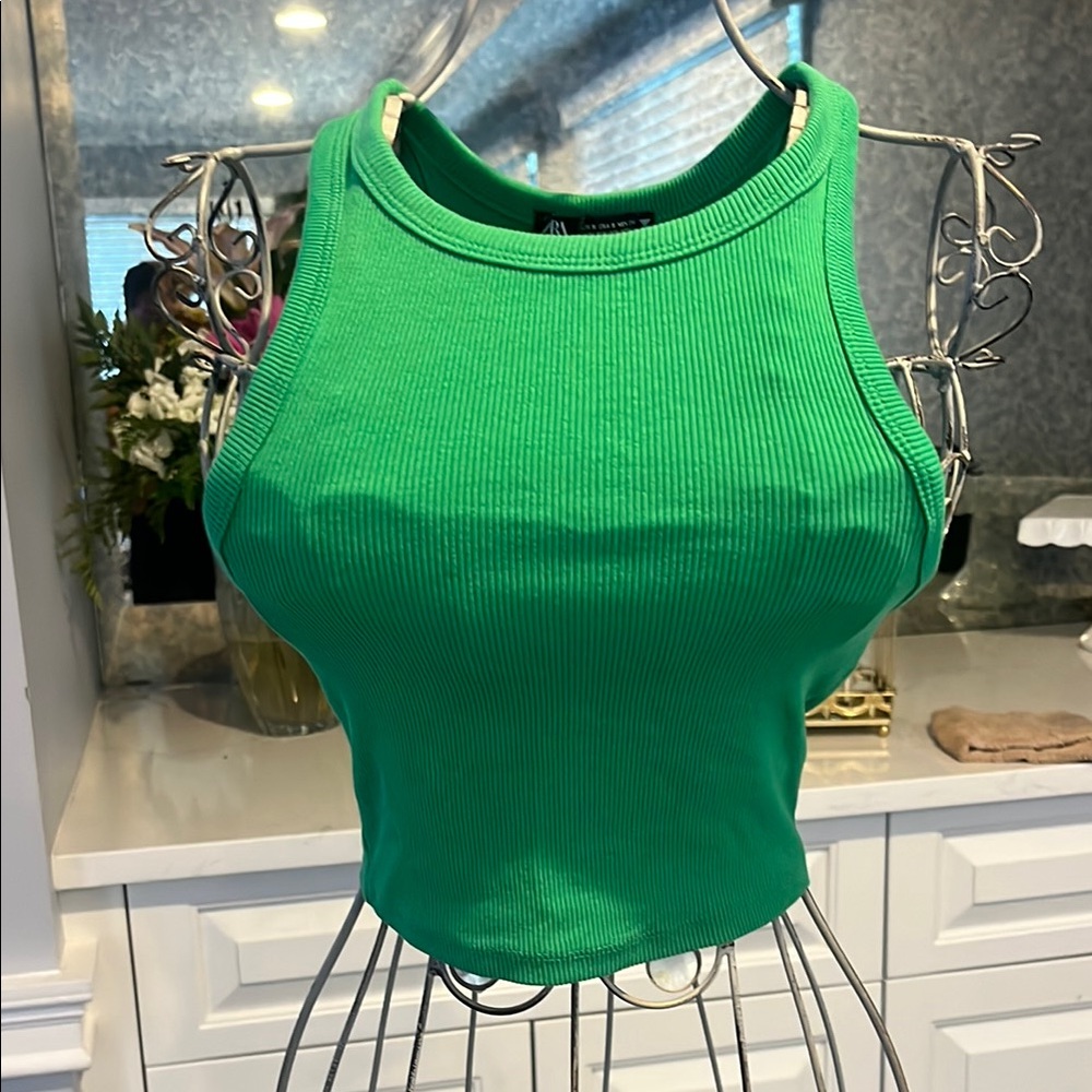 Zara Green Fitted Crop Tank Top